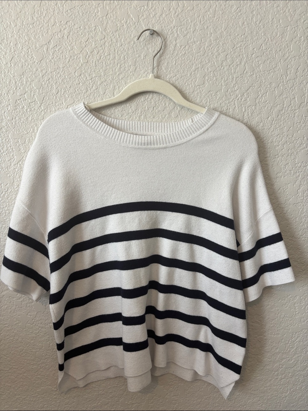 Sincerely Jules White Short-Sleeve Crew Sweater with Dark Blue Stripes